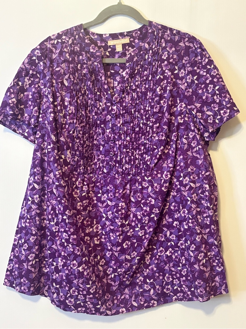Woman Within Purple Floral Pintuck Front Blouse
